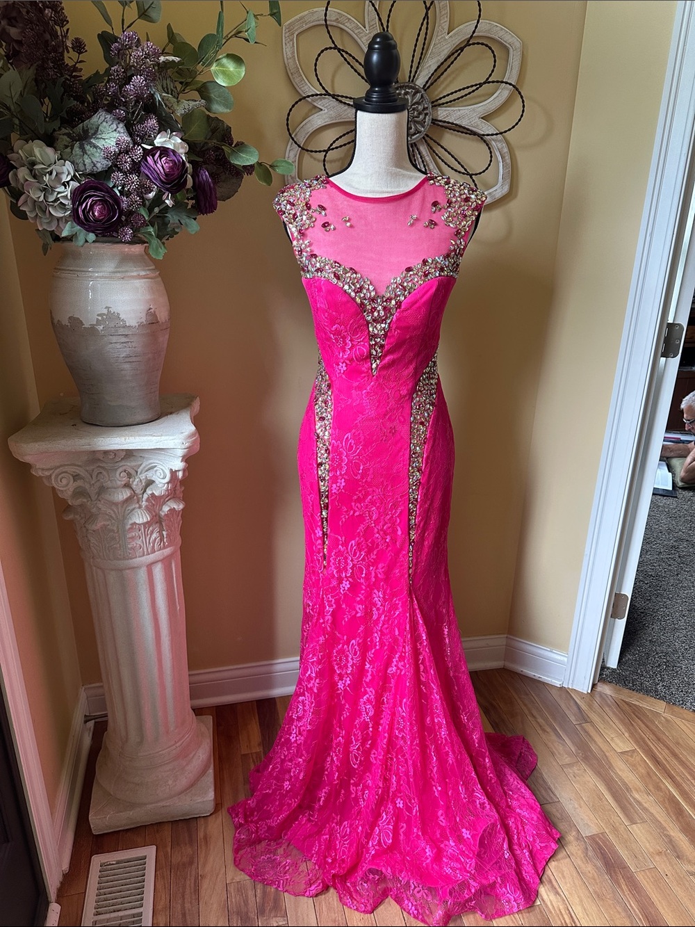 Rachel Allan Hot Pink Embellished Lace Prom Gown